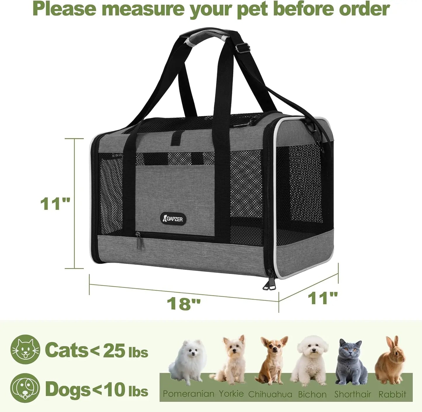 Soft Pet Carrier Bag 18x11x11 Top Load Travel Crate for Dogs, Puppies and Other Animals Under 25 lbs with Escape-Proof Zippers