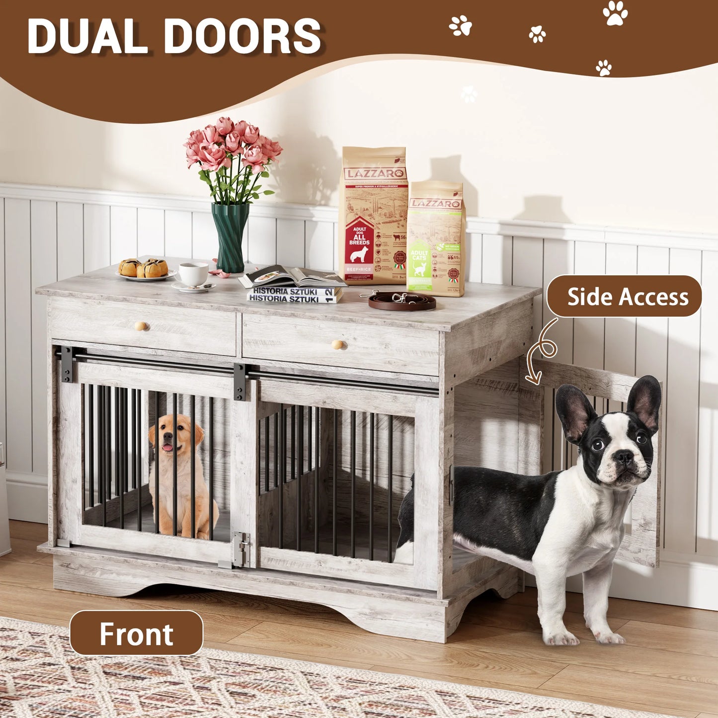 Dog Furniture Crate, 47" Large Dog Crate Furniture with 2 Storage Drawers & Removable Divider for Large Medium Small Dogs