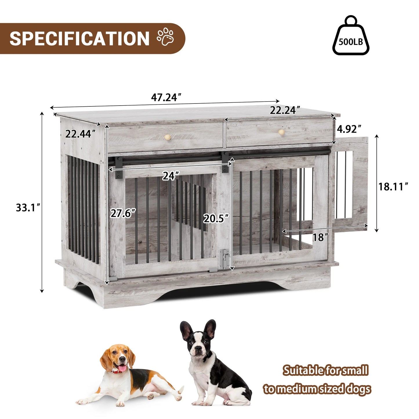 Dog Furniture Crate, 47" Large Dog Crate Furniture with 2 Storage Drawers & Removable Divider for Large Medium Small Dogs