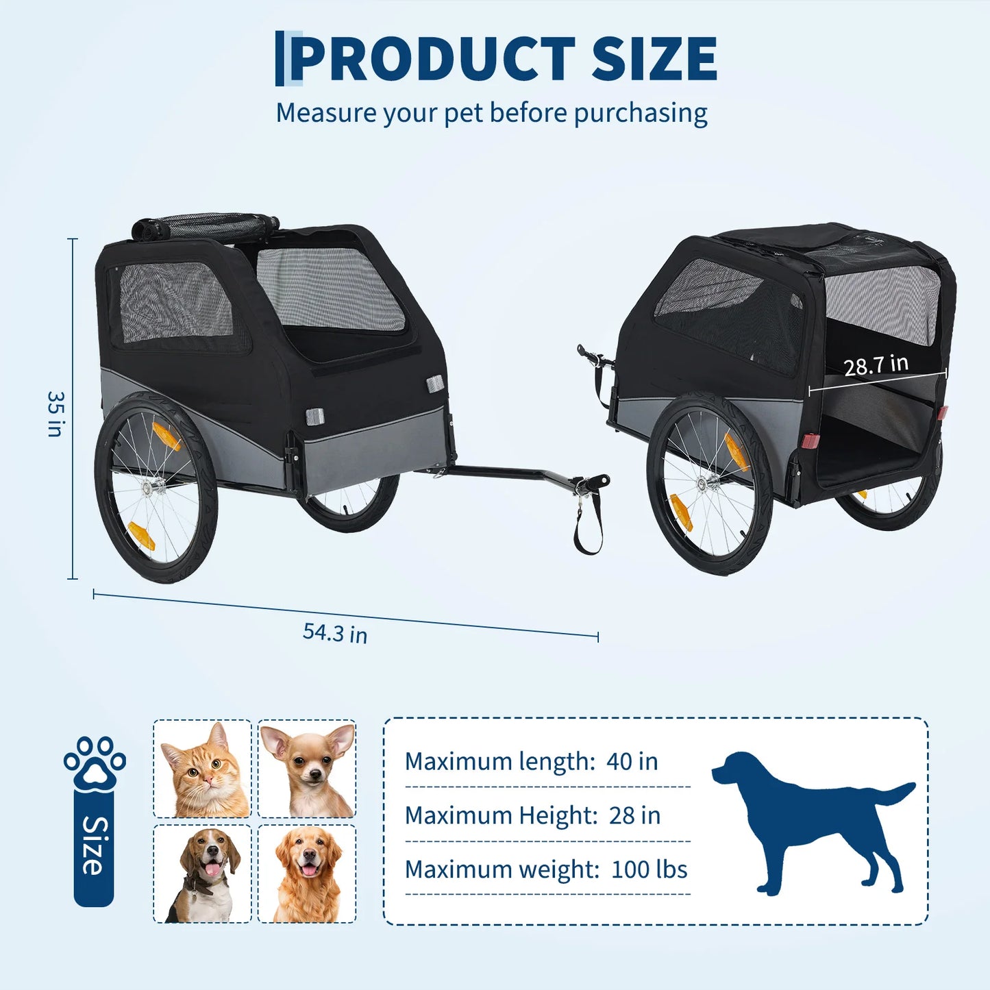 Foldable Dog Bike Trailer, Heavy Duty Steel Frame Pet Bike Carrier, 100 LBS Capacity Oxford Fabric Dog Carrier Bicycle Trailer with Mesh Window Reflectors for Small, Medium, and Large Dogs, Black