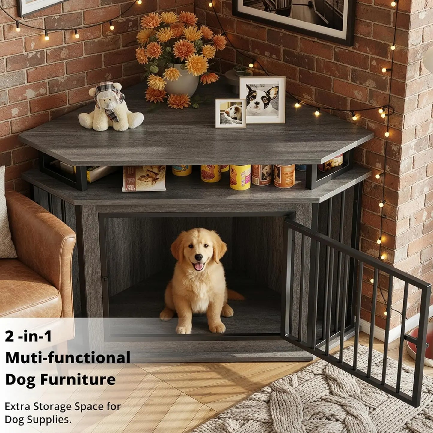44" Corner Dog Crate with 2-Tier Shelves, Wooden Kennel Furniture for TV Stand, Indoor Pet Enclosure for Small Dogs and Medium Dogs