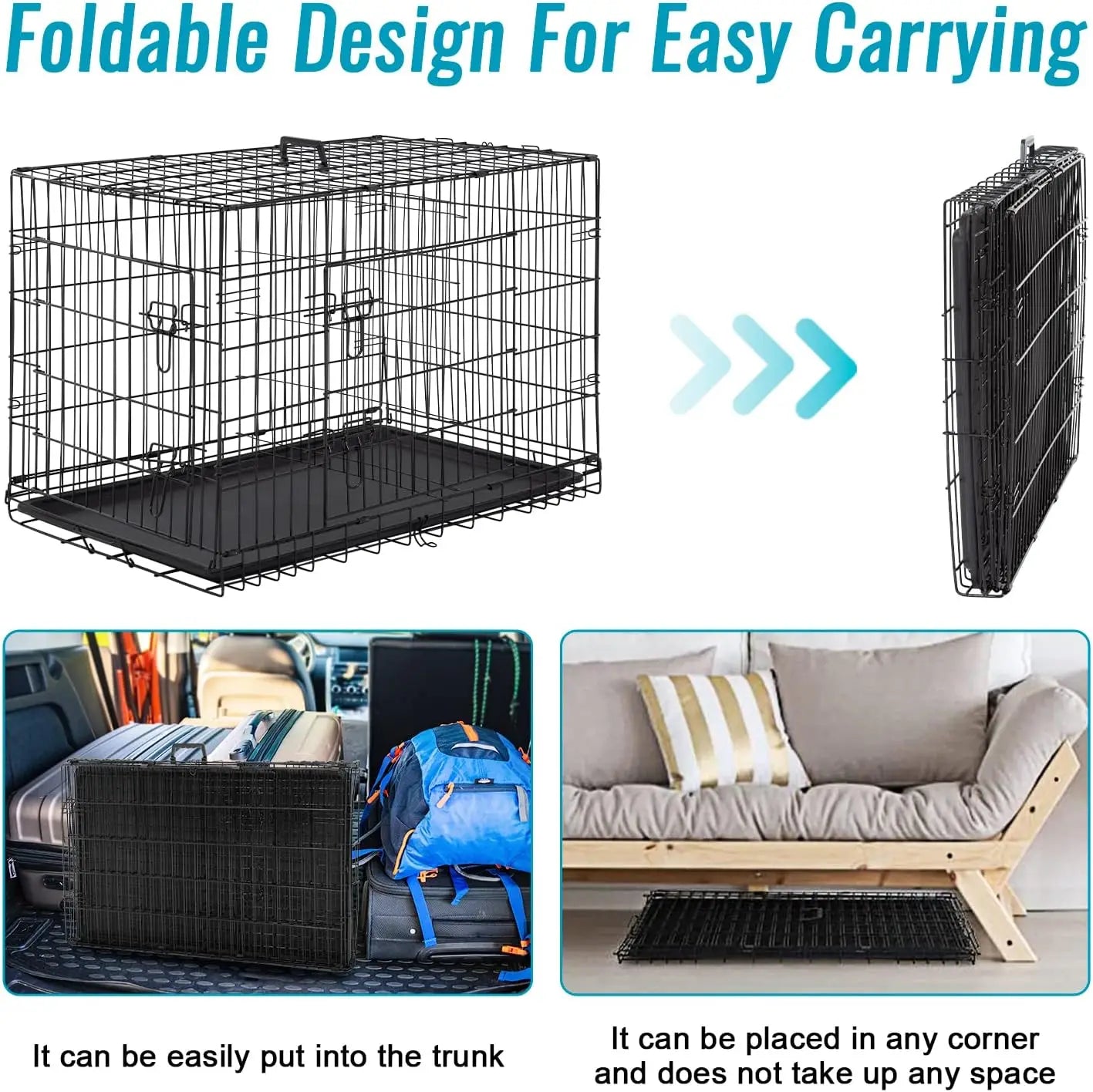 24 Inch Portable Folding Metal Crate for Small Dogs, Double Door Indoor Outdoor Kennel with Leak-Proof Tray