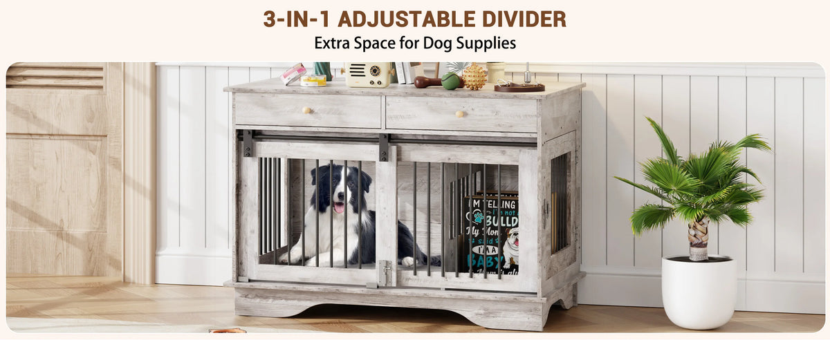 Dog Furniture Crate, 47" Large Dog Crate Furniture w/ 2 Storage Draws & Removable Divider for Large/Medium/Small Dogs (Grey, One Cage)