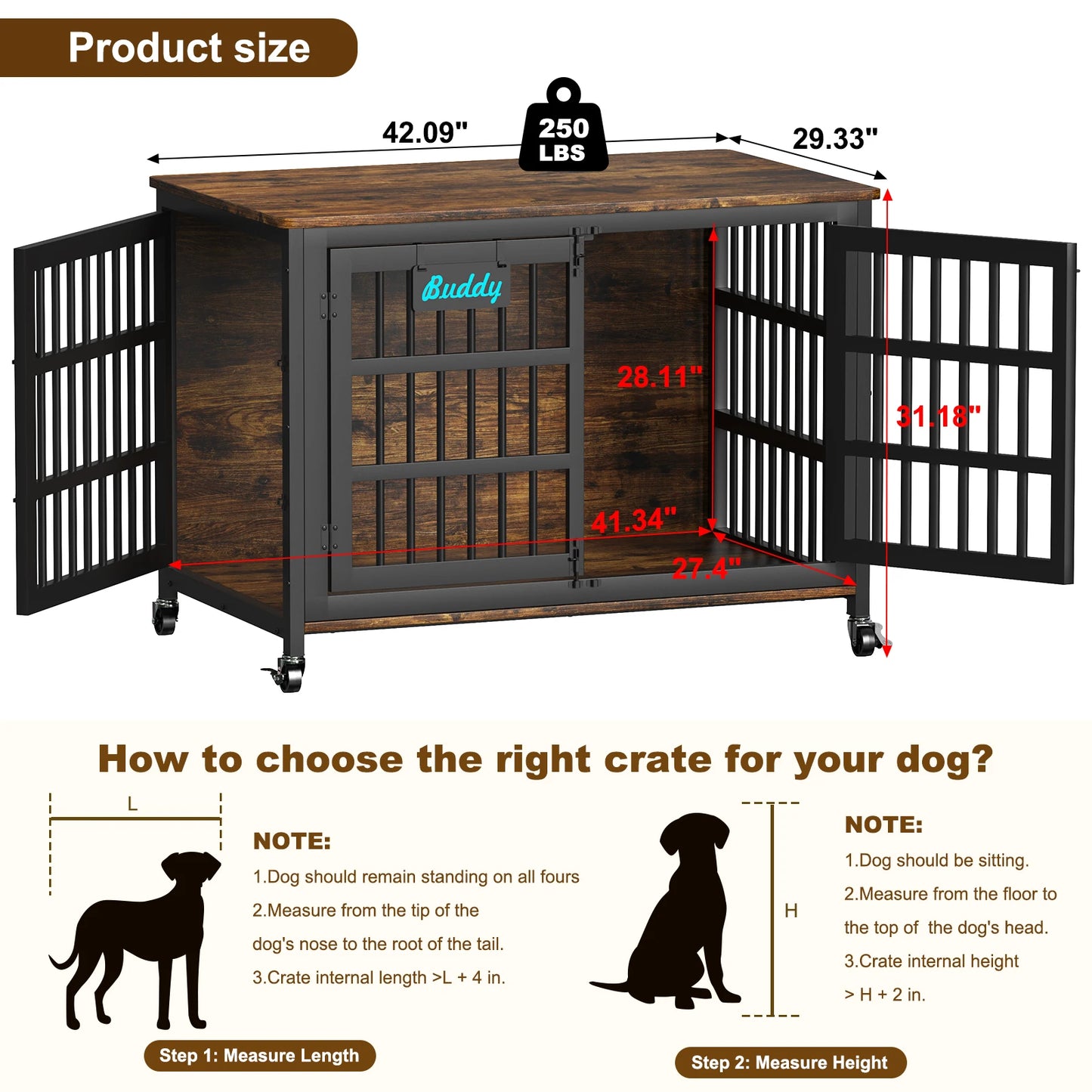 Dog Crate Furniture with Casters, Heavy Duty Dog Kennel Indoor for Small to Large Dogs, Decorate House as TV Stand, Bedside Table