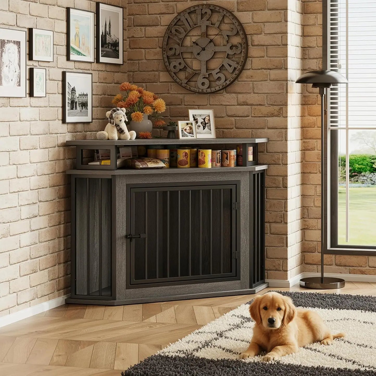 44" Corner Dog Crate with 2-Tier Shelves, Wooden Kennel Furniture for TV Stand, Indoor Pet Enclosure for Small Dogs and Medium Dogs