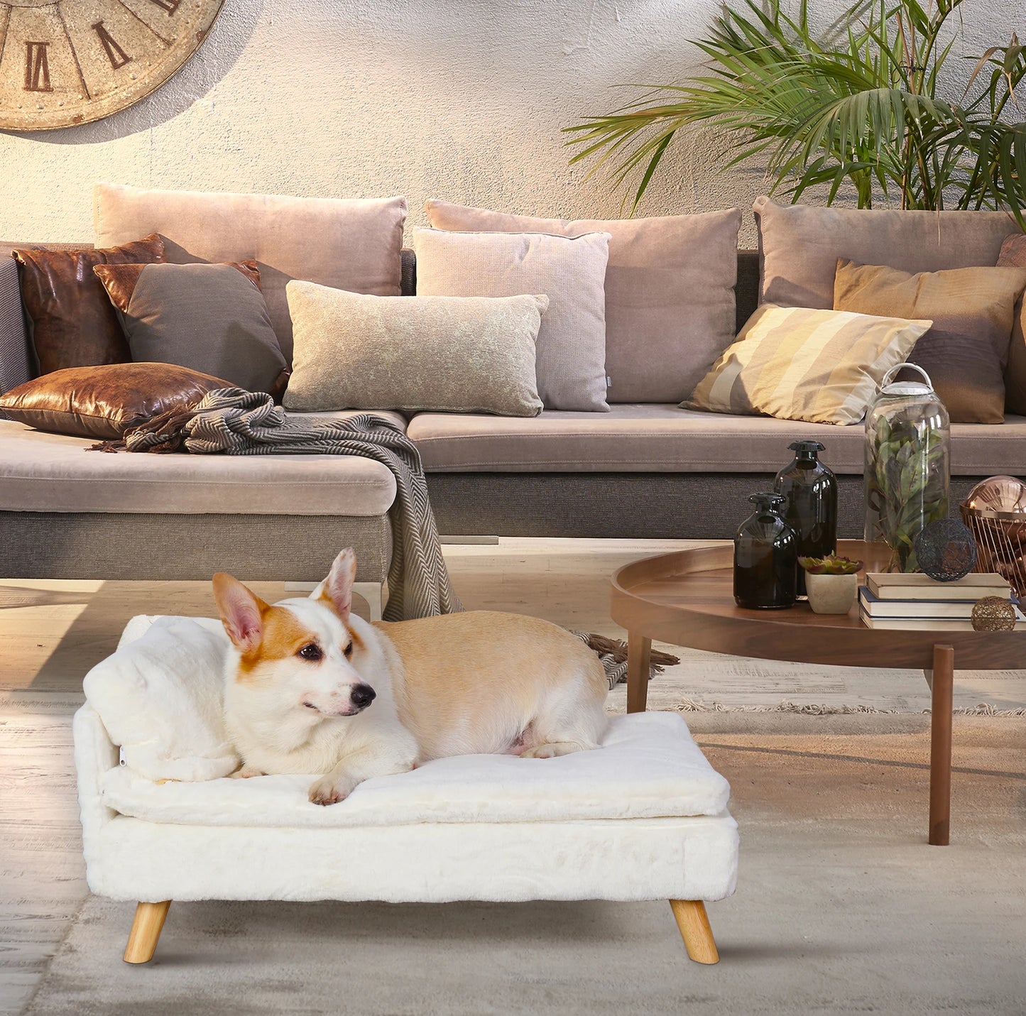 Elevated Bed for Small Dogs, Nordic Pet Bed with Cozy Waterproof Pad, Pet Sofa Bed with Sturdy Wood Legs