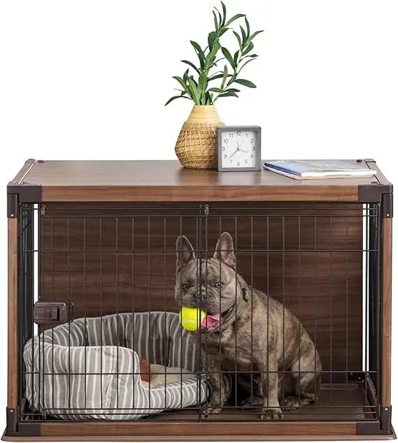 IRIS USA Modern Wooden Dog Crate – Stylish Furniture-Style Indoor Kennel & End Table for Small to Medium Dogs, Secure Enclosed P
