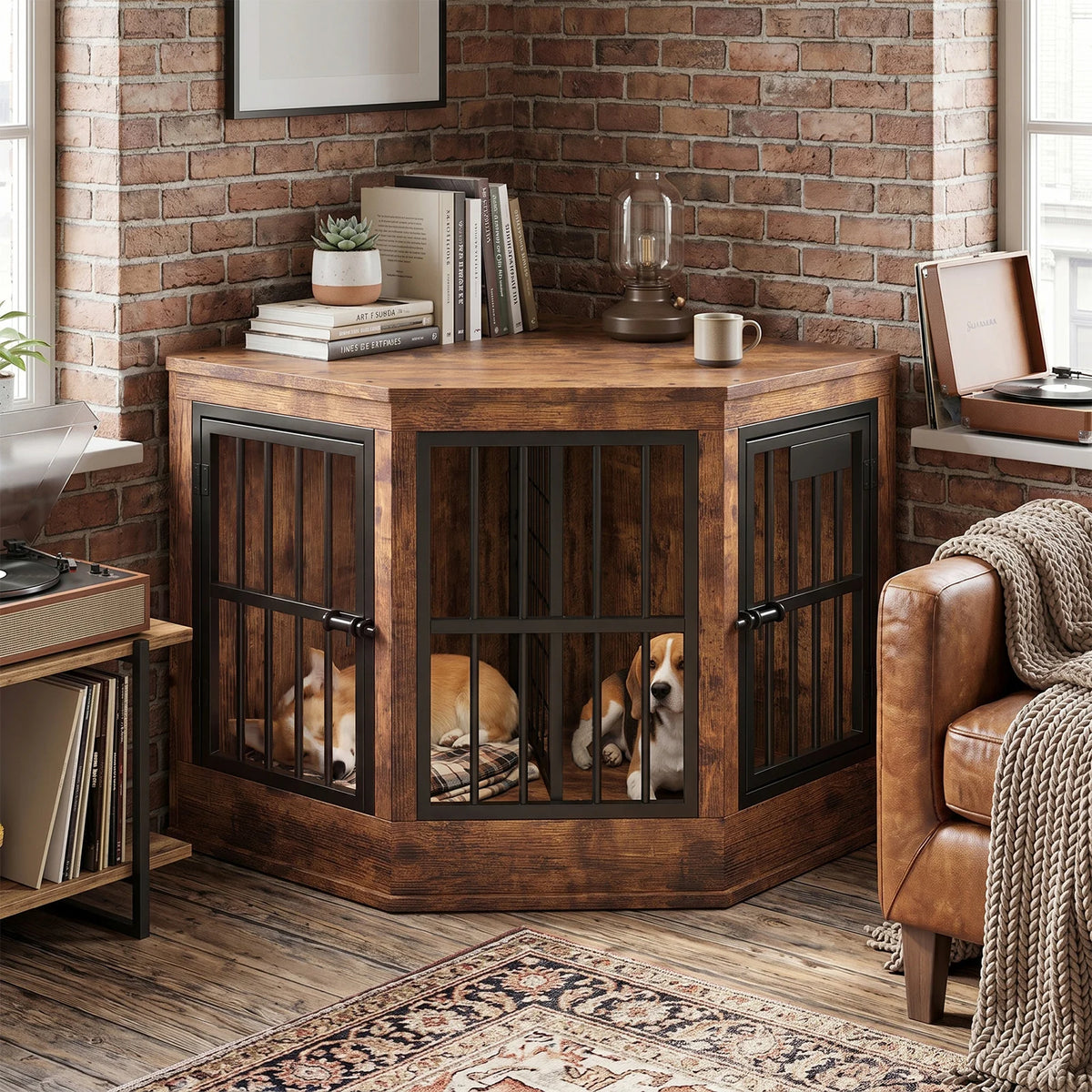 Corner Dog Crate Furniture Modern Indoor Dog Cage Decorative Pet House TV Stand for Medium and Large Sized Dogs Kennel Brown