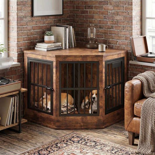 Corner Dog Crate Furniture Modern Indoor Dog Cage Decorative Pet House TV Stand for Medium and Large Sized Dogs Kennel Brown
