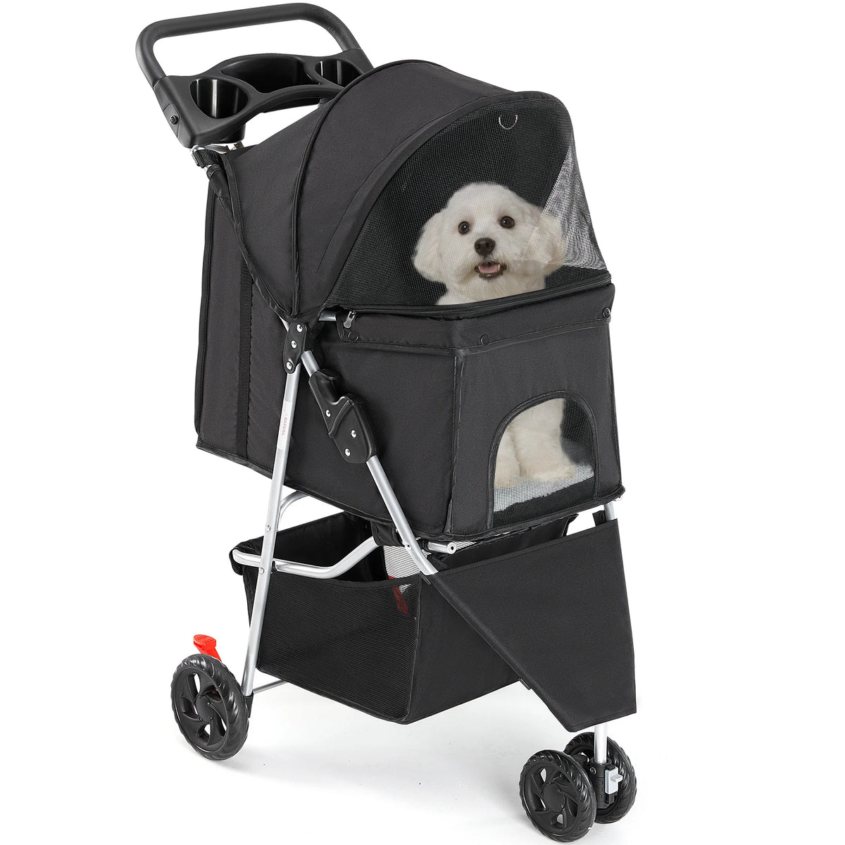 Foldable 3 Wheels Pet Stroller for Small Dogs, Stroller with Mesh Windows Storage Basket Cup Holder for Outdoor Use
