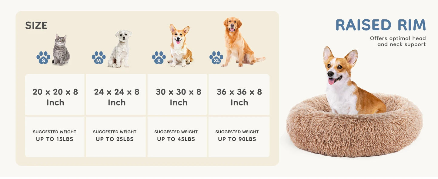 Calming Dog Bed for Small to Large Dogs Washable Pet Bed Anti-Slip Round Fluffy Plush Faux Fur Dog Bed