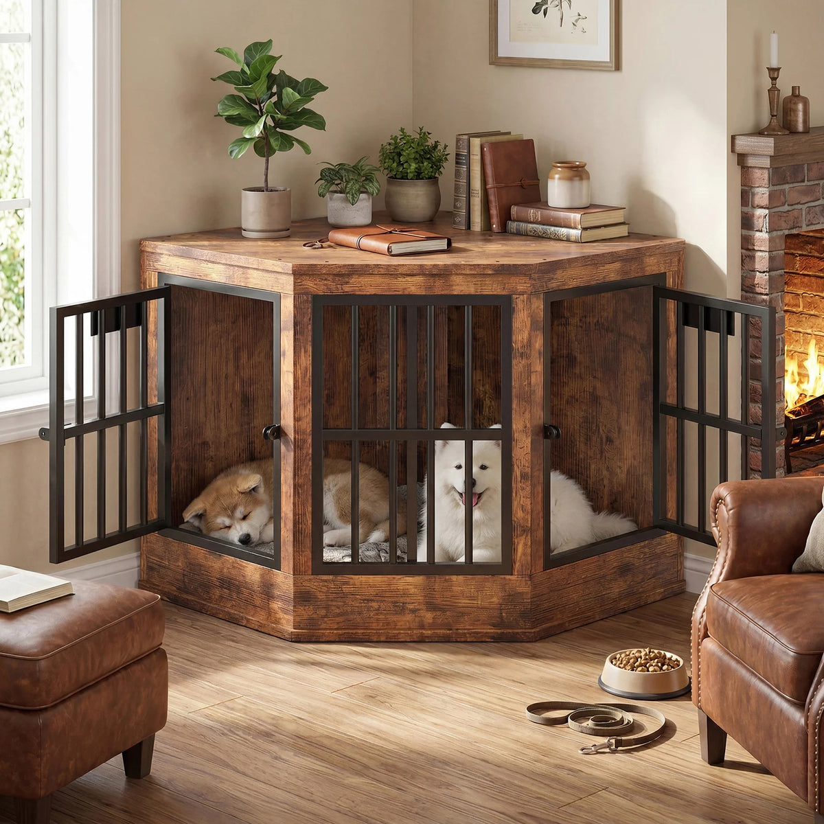 Corner Dog Crate Furniture Modern Indoor Dog Cage Decorative Pet House TV Stand for Medium and Large Sized Dogs Kennel Brown