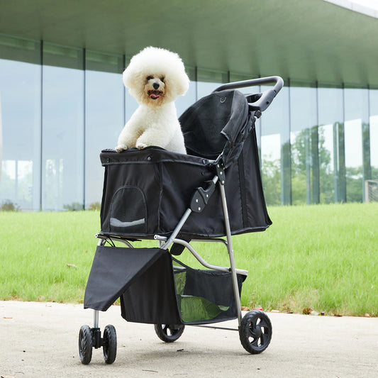 3 Wheels Foldable Pet Stroller for Small Dogs and Cats Stroller with Mesh Windows Storage Basket Cup Holder for Outdoor Use