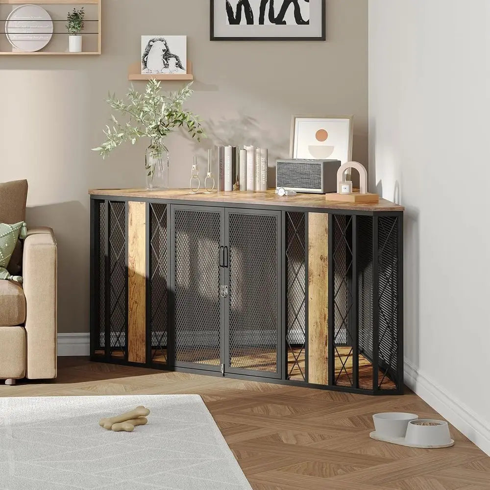 Large Wooden Dog Kennel Furniture, Dog Crate with 2 Doors, Decorative Dog Crate TV Stand End Table for Small to Large Dogs
