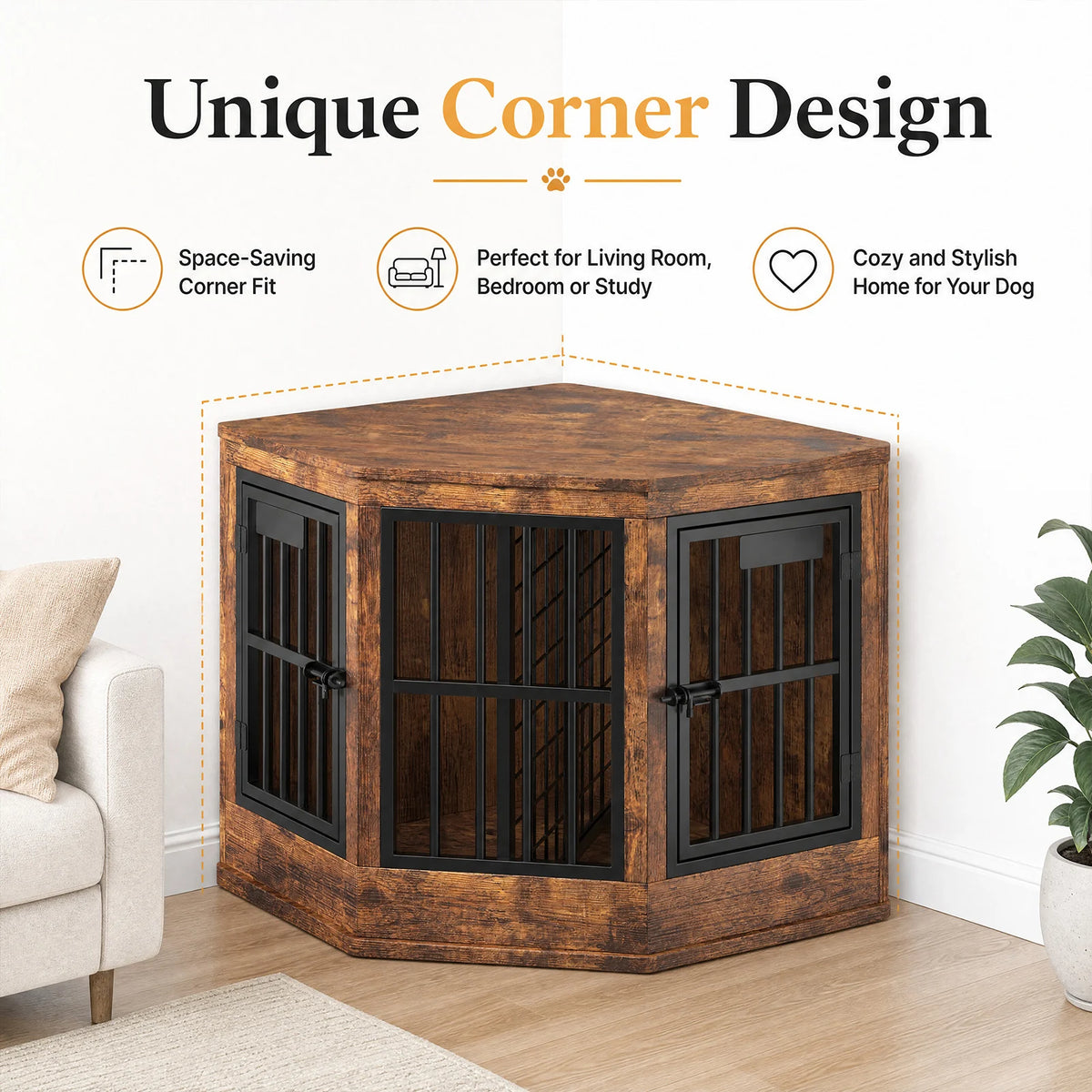 Corner Dog Crate Furniture Modern Indoor Dog Cage Decorative Pet House TV Stand for Medium and Large Sized Dogs Kennel Brown