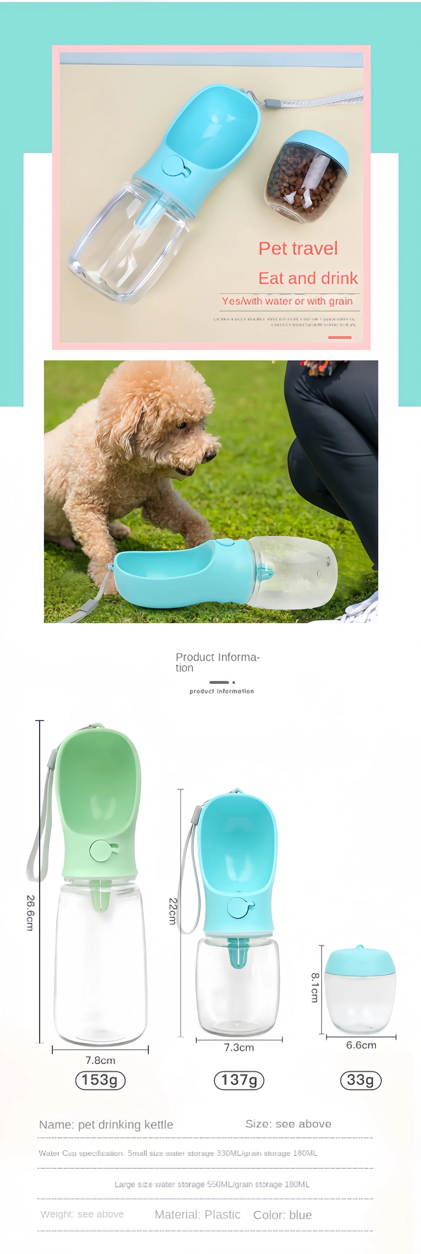 Portable Dog Water Bottle with Storage Food and Water Container for Small Dogs Feeder Bowl Outdoor Travel Supplies