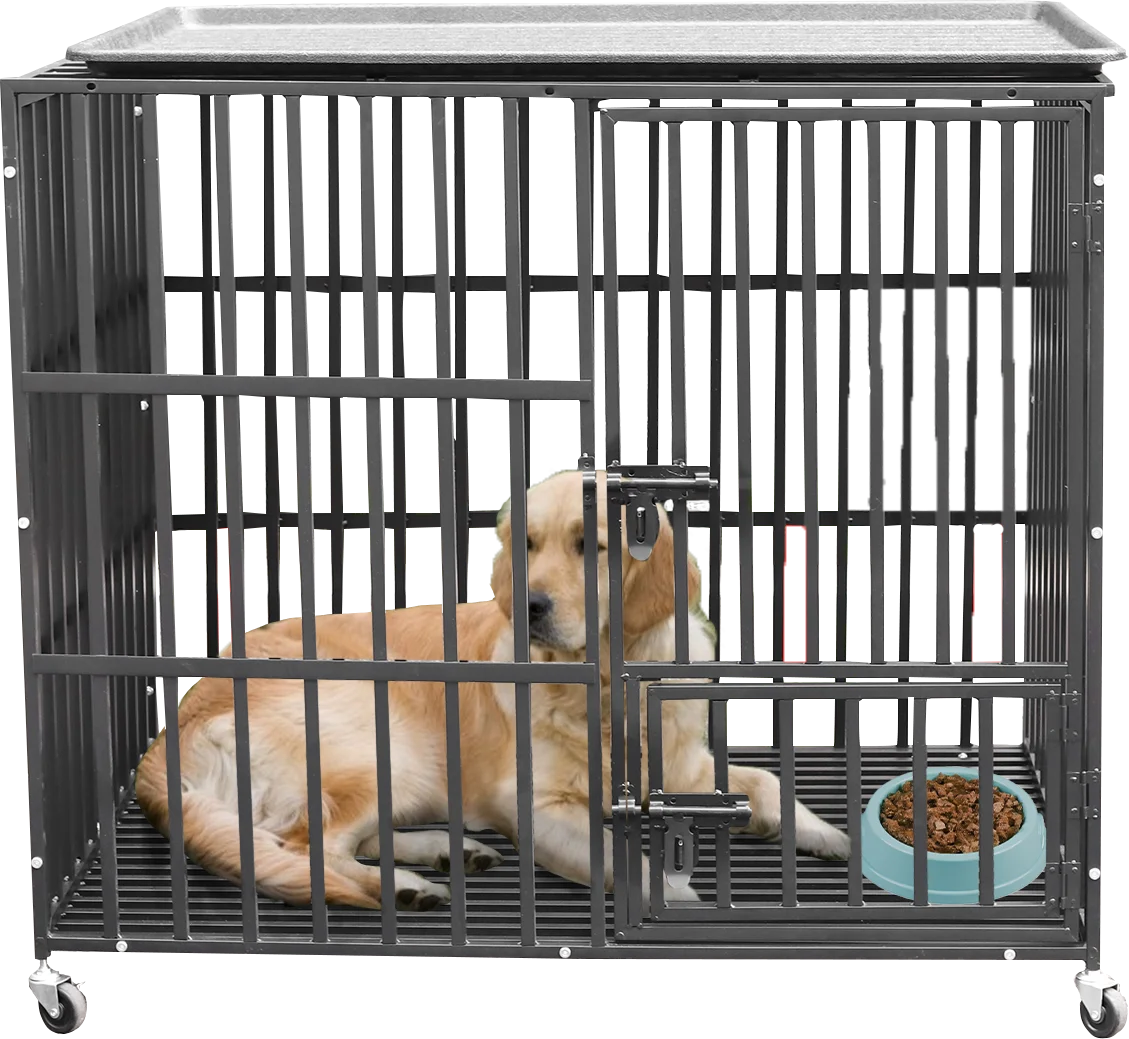 Heavy Duty Dog Cage 37” 42” 46” Metal Pet Dog Crate 3 Doors Locks Design Kennel Playpen with 4 Wheels Removable Tray