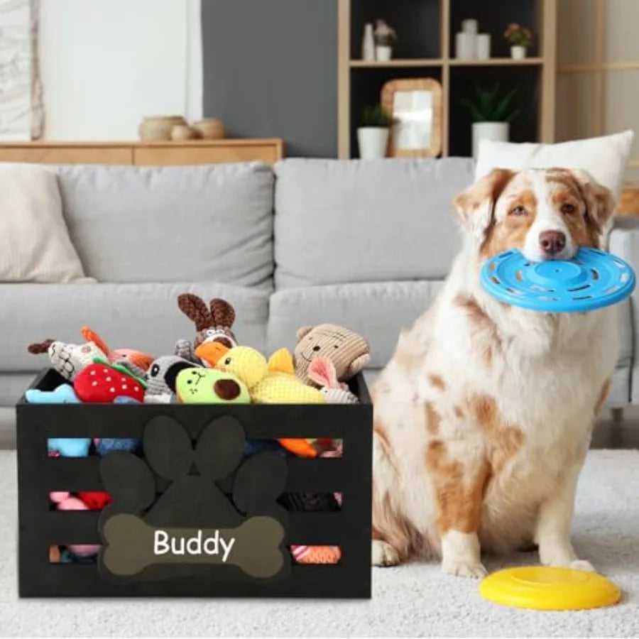 Dog Toy Basket Wood Dog Toy Bin Storage Baskets Box with Handles and Label Position Design Large Organizer with Caulk Board Personalization