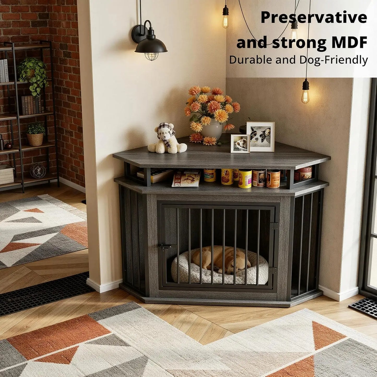 44" Corner Dog Crate with 2-Tier Shelves, Wooden Kennel Furniture for TV Stand, Indoor Pet Enclosure for Small Dogs and Medium Dogs
