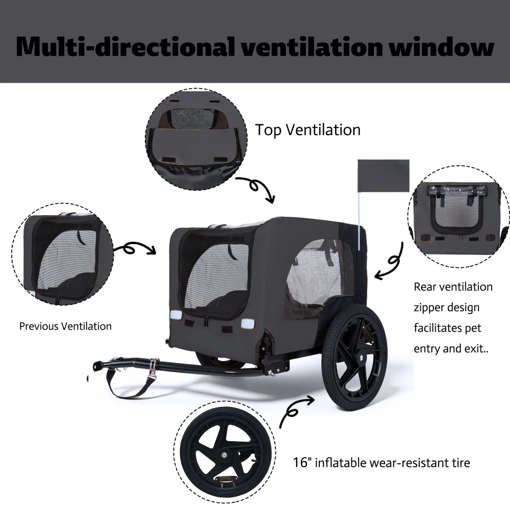 Outdoor Heavy Duty Collapsible Pet Bike Trailer with 16-Inch All-Terrain Wheels & Universal Hitch - Foldable Dog/Cargo Carrier Cart for Bicycles, Black + Dark Gray