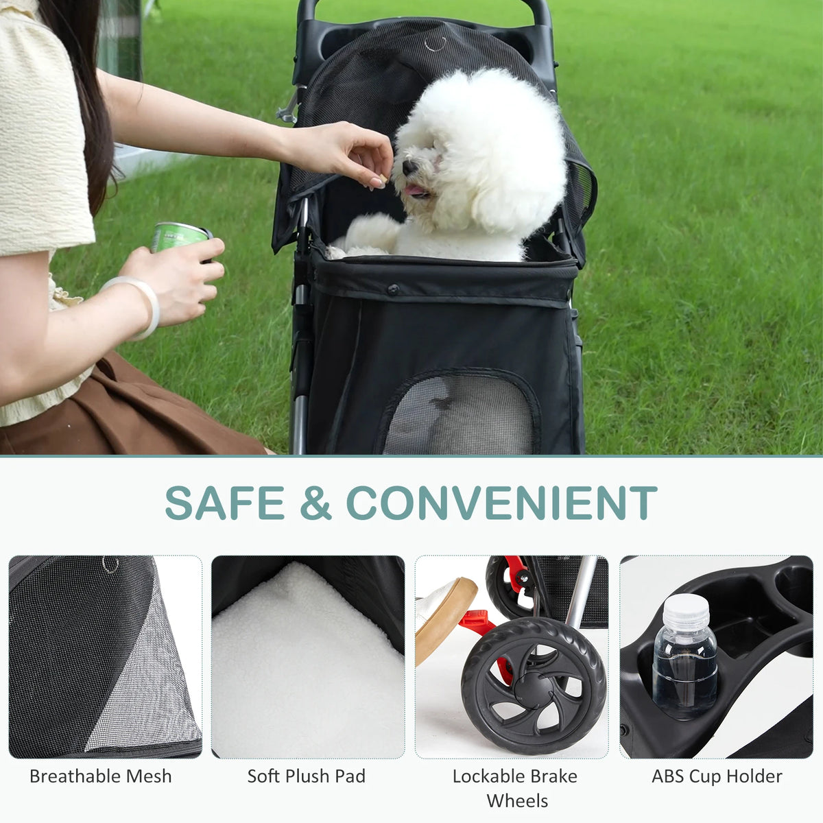 Foldable 3 Wheels Pet Stroller for Small Dogs, Stroller with Mesh Windows Storage Basket Cup Holder for Outdoor Use