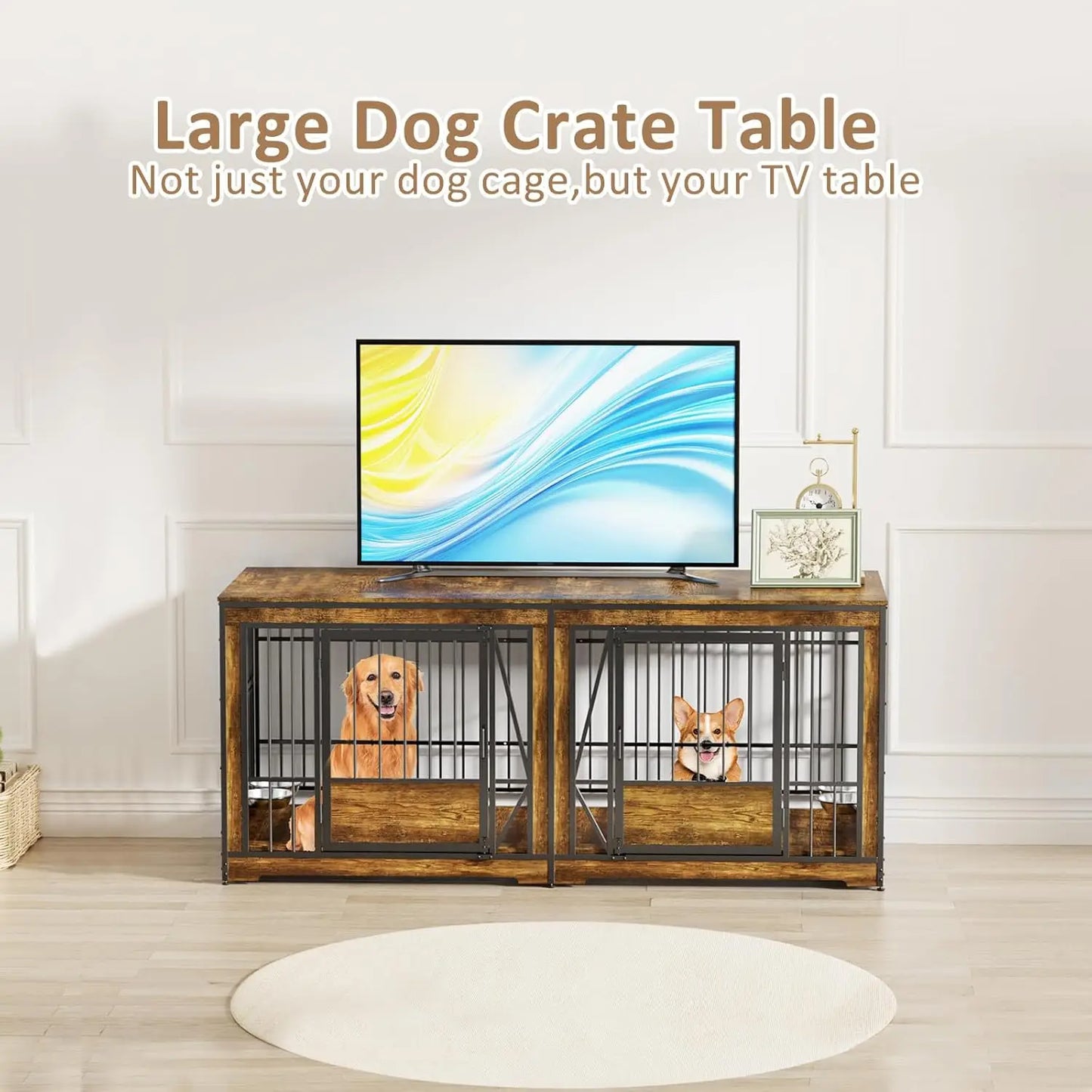 61'' Double Dog Cage Furniture for 2 Dogs, TV Stand Dog Kennel with Adjustable Divider, Heavy Duty Double Dog Crate