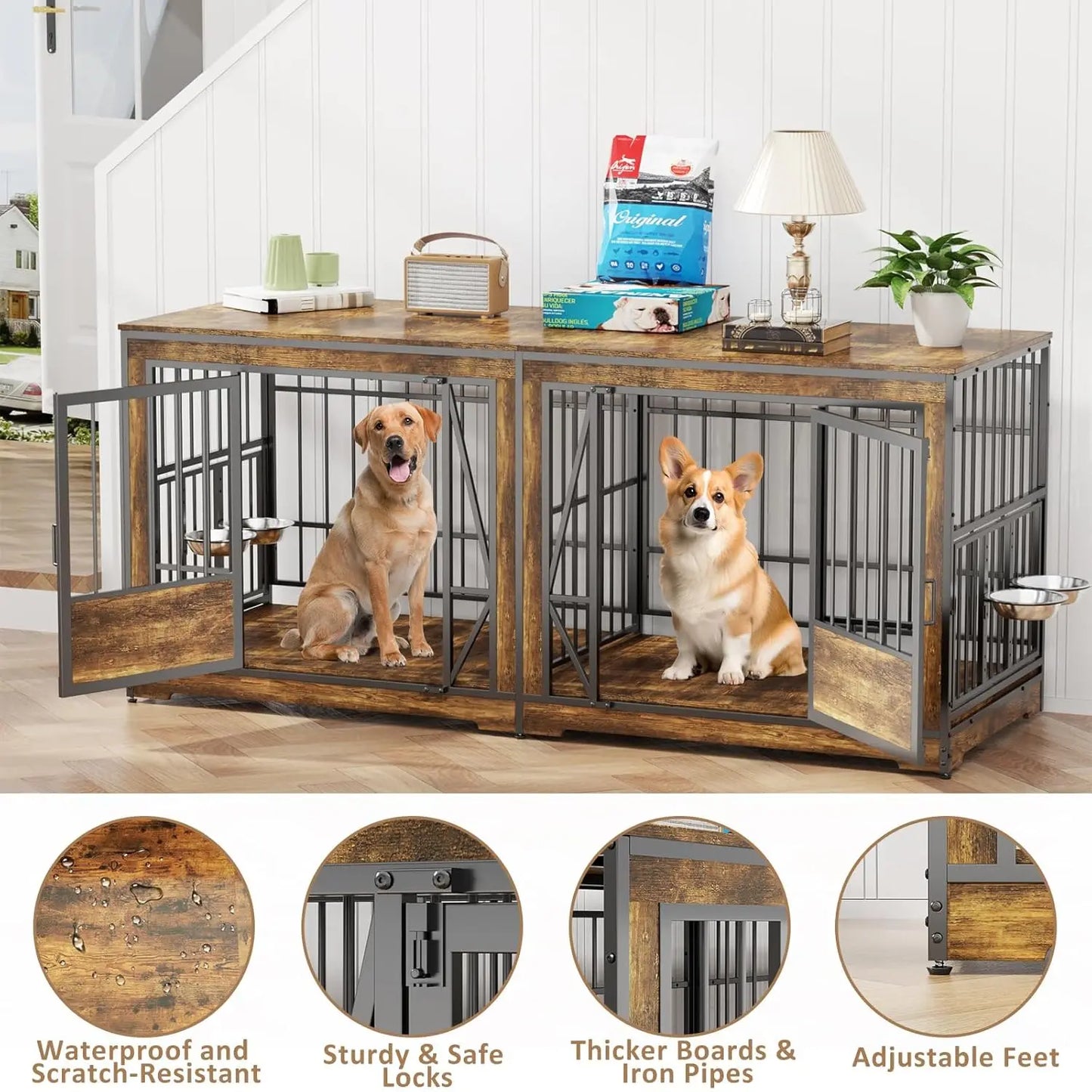 61'' Double Dog Cage Furniture for 2 Dogs, TV Stand Dog Kennel with Adjustable Divider, Heavy Duty Double Dog Crate