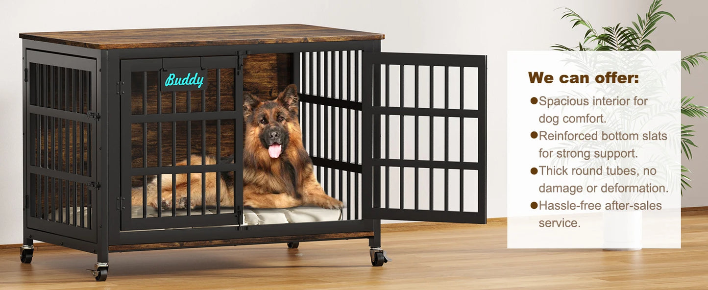 Dog Crate Furniture with Casters, Heavy Duty Dog Kennel Indoor for Small to Large Dogs, Decorate House as TV Stand, Bedside Table