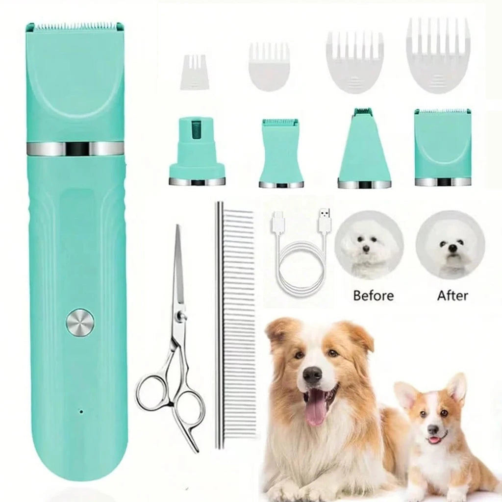 Pet Hair Clipper 4-in-1 Rechargeable Dog Trimmer Kit Cordless Electric Grooming Shaver with Comb Guide for Puppy