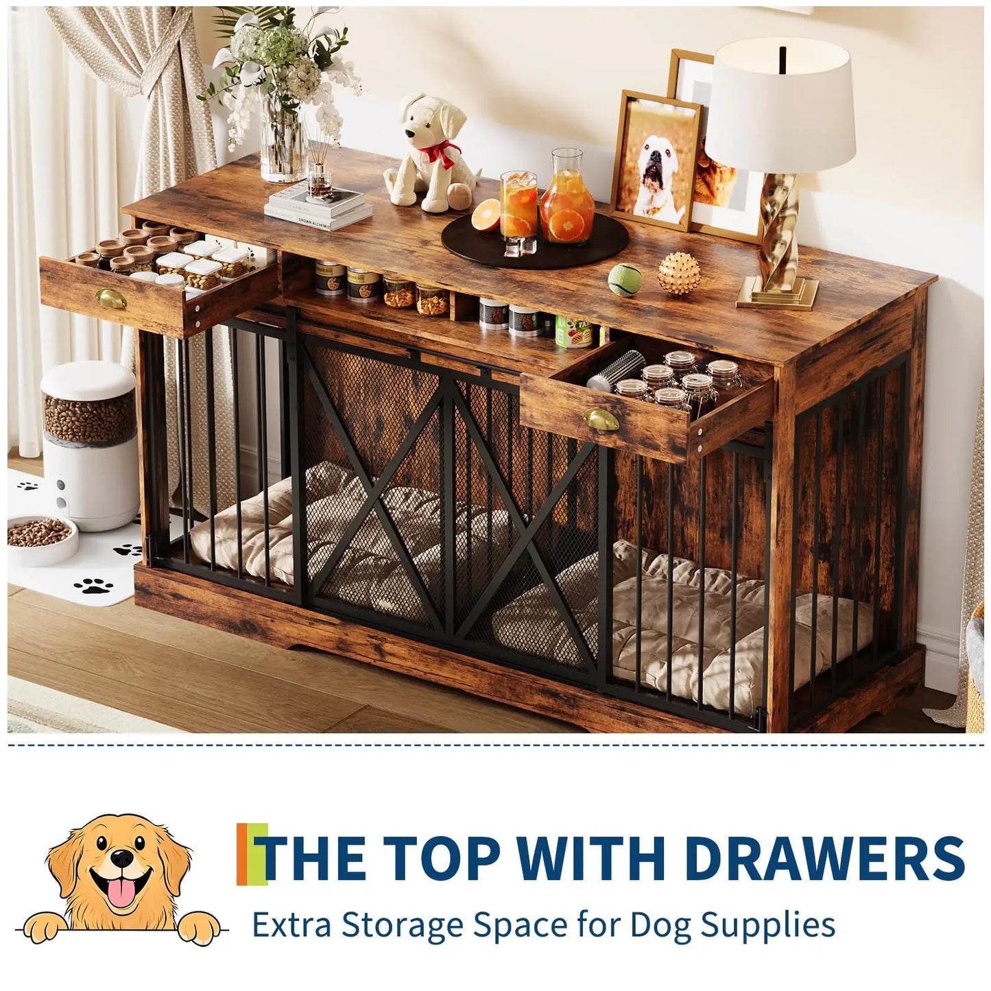 63" Extra Large Double Dog Crate Furniture TV Stand With Removable Divider Sliding Doors Wooden Pet Kennel Indoor Dog House