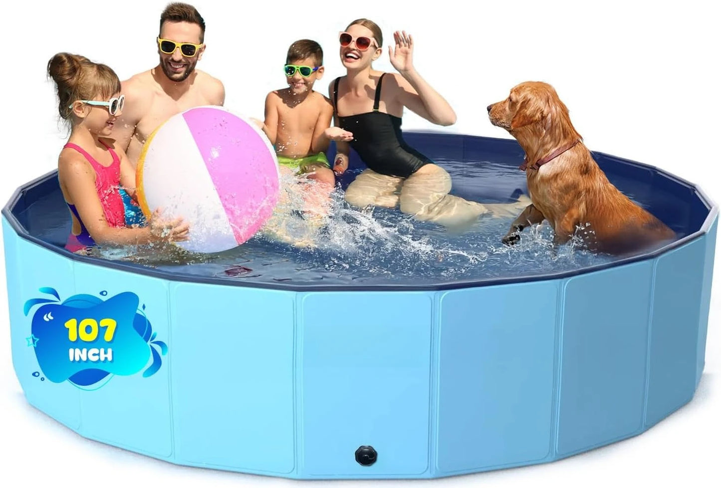 107 Inch Foldable Dog Pool, Extra Large Collapsible Hard Plastic Dog Kiddie Swimming Pool, Portable