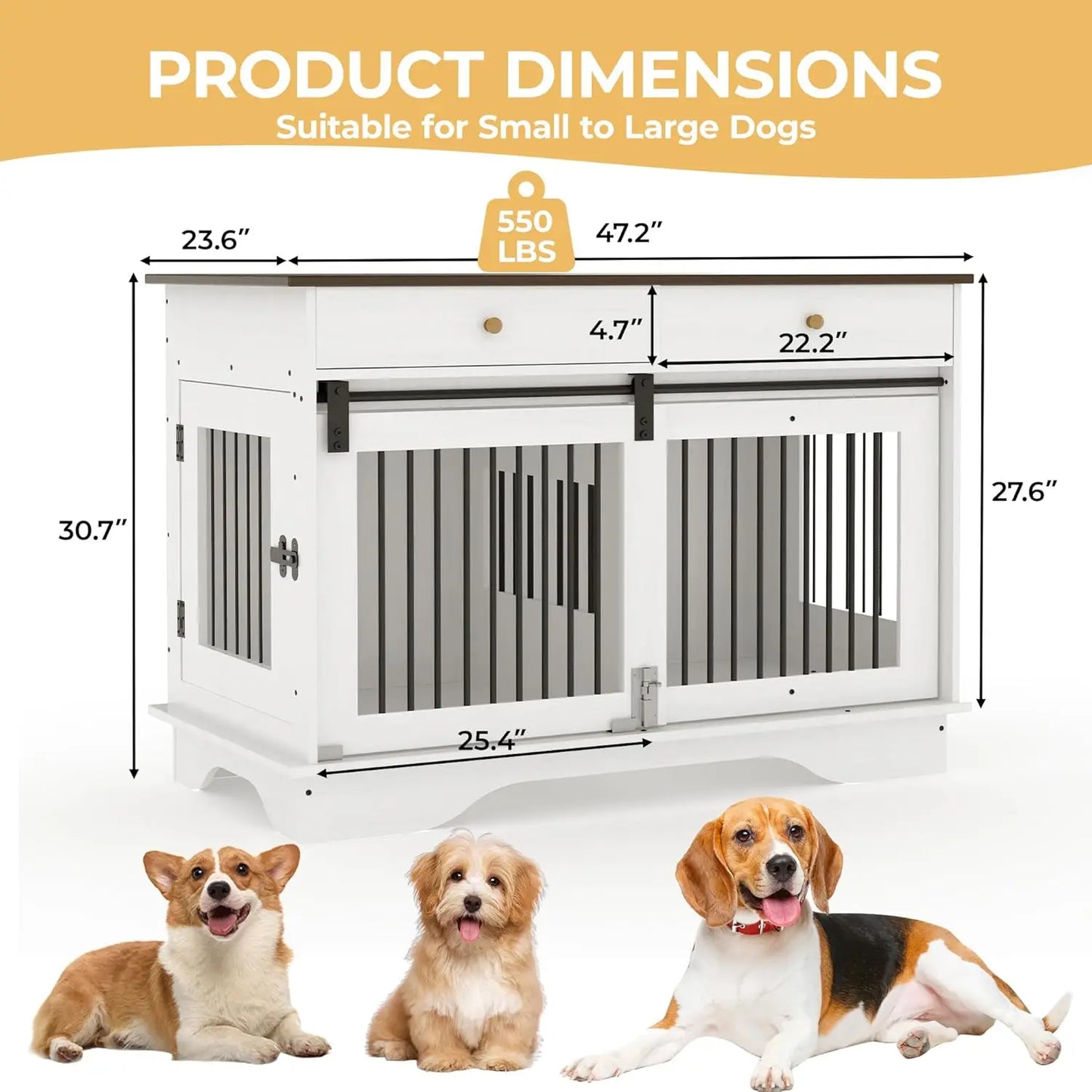 Dog Furniture Crate, 47" Large Dog Crate Furniture with 2 Storage Drawers & Removable Divider for Large Medium Small Dogs
