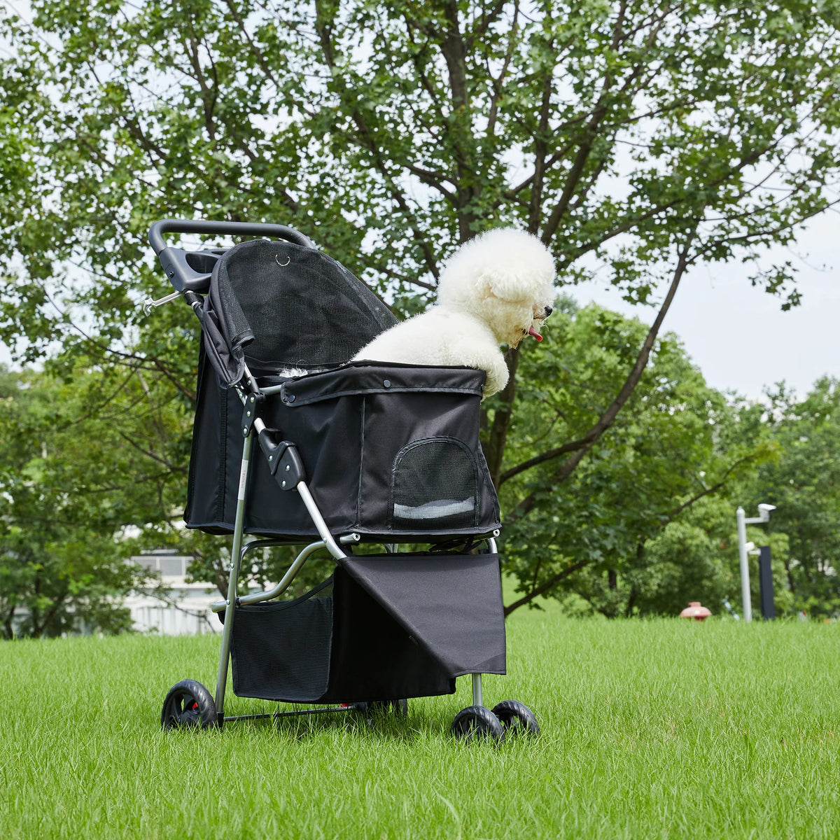 Foldable 3 Wheels Pet Stroller for Small Dogs, Stroller with Mesh Windows Storage Basket Cup Holder for Outdoor Use