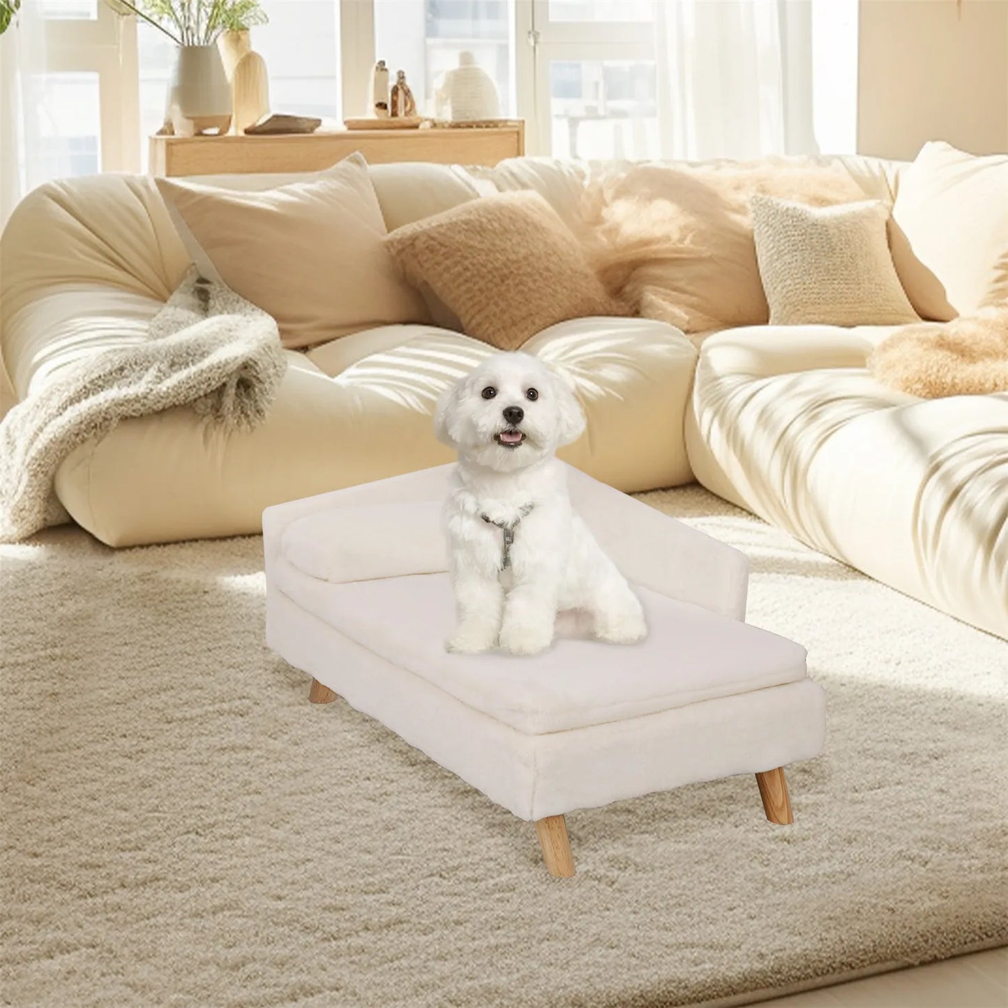 Elevated Bed for Small Dogs, Nordic Pet Bed with Cozy Waterproof Pad, Pet Sofa Bed with Sturdy Wood Legs