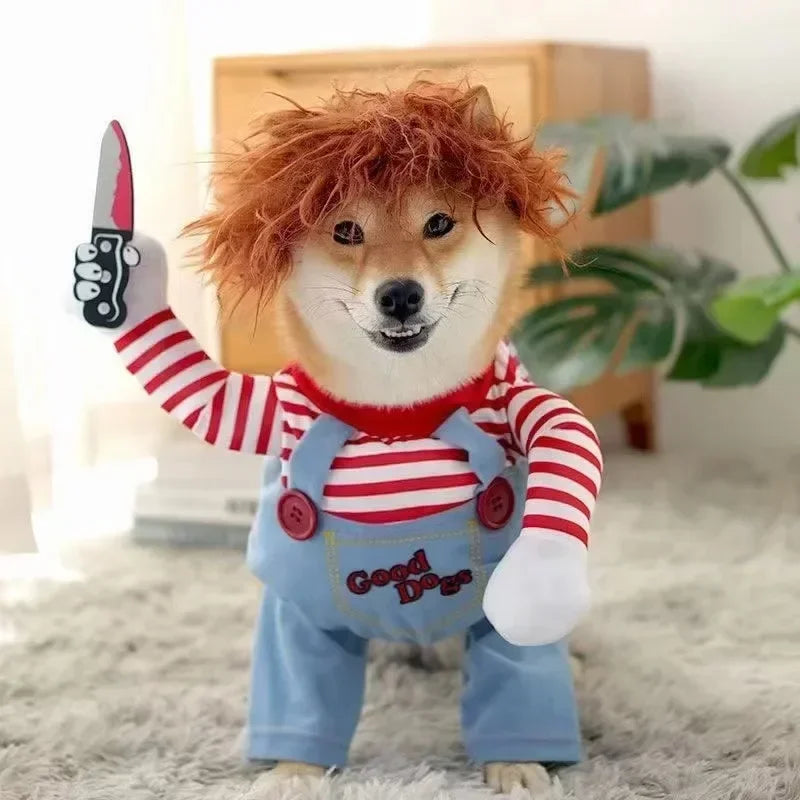 Halloween Doll Pet Chucky Costume -Funny 3D Upright Dog & Cat Outfit, Cosplay Party Clothes for ALL Puppy Kitten