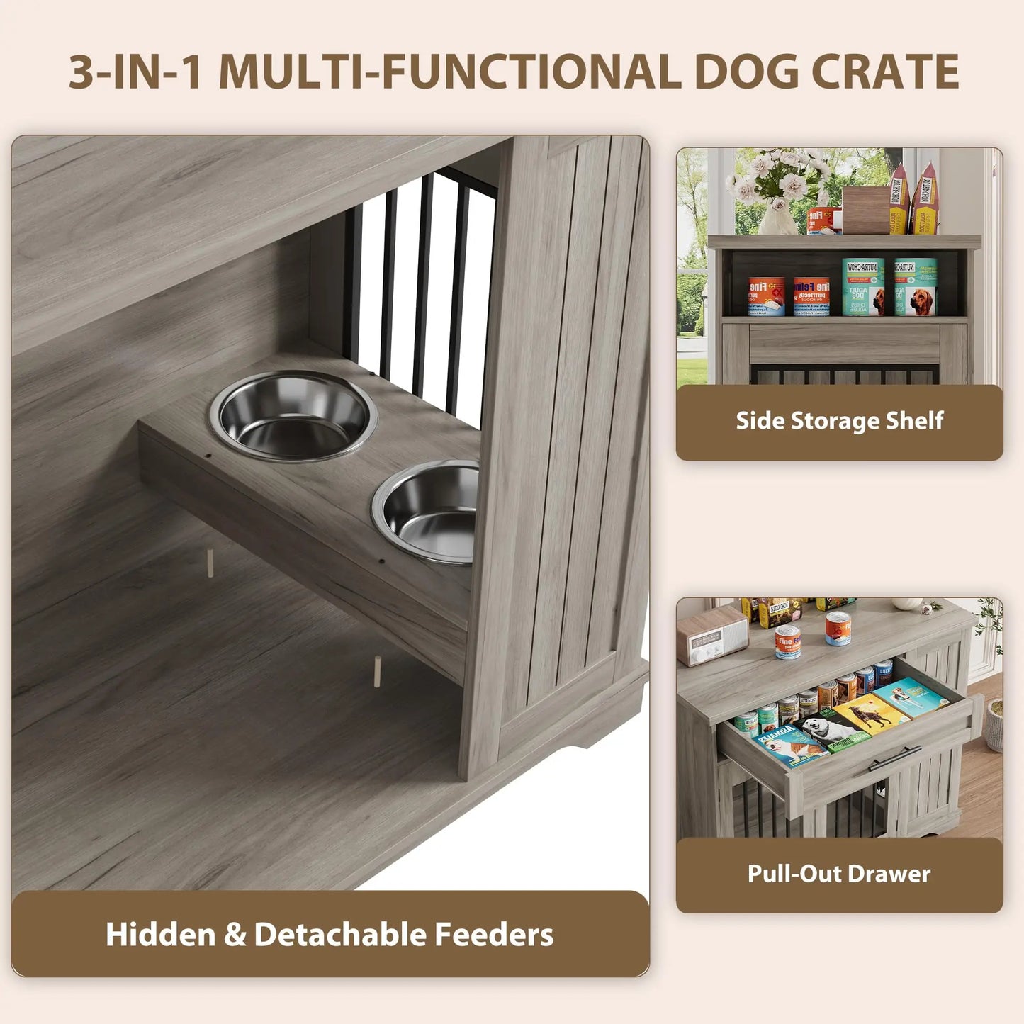 44 Inch Furniture Style Dog Crate Heavy Duty Wooden Dog Kennel With Drawer Side Storage & Built-in Feeding Station For Small to Medium Sized Pets