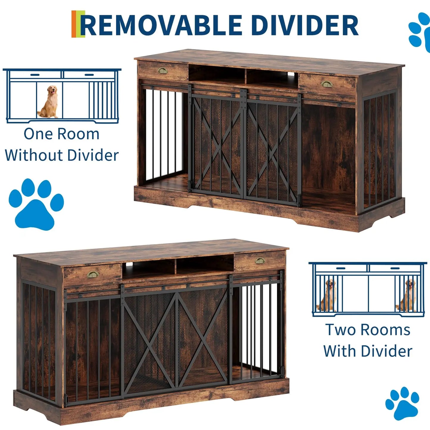 63" Extra Large Double Dog Crate Furniture TV Stand With Removable Divider Sliding Doors Wooden Pet Kennel Indoor Dog House