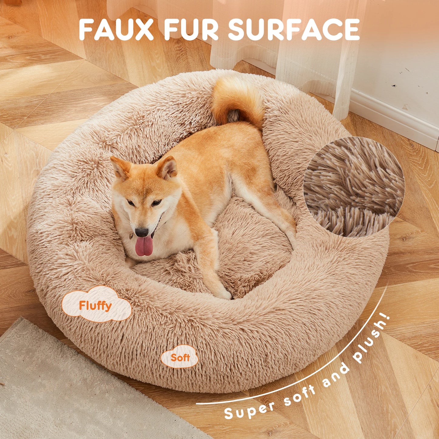 Calming Dog Bed for Small to Large Dogs Washable Pet Bed Anti-Slip Round Fluffy Plush Faux Fur Dog Bed