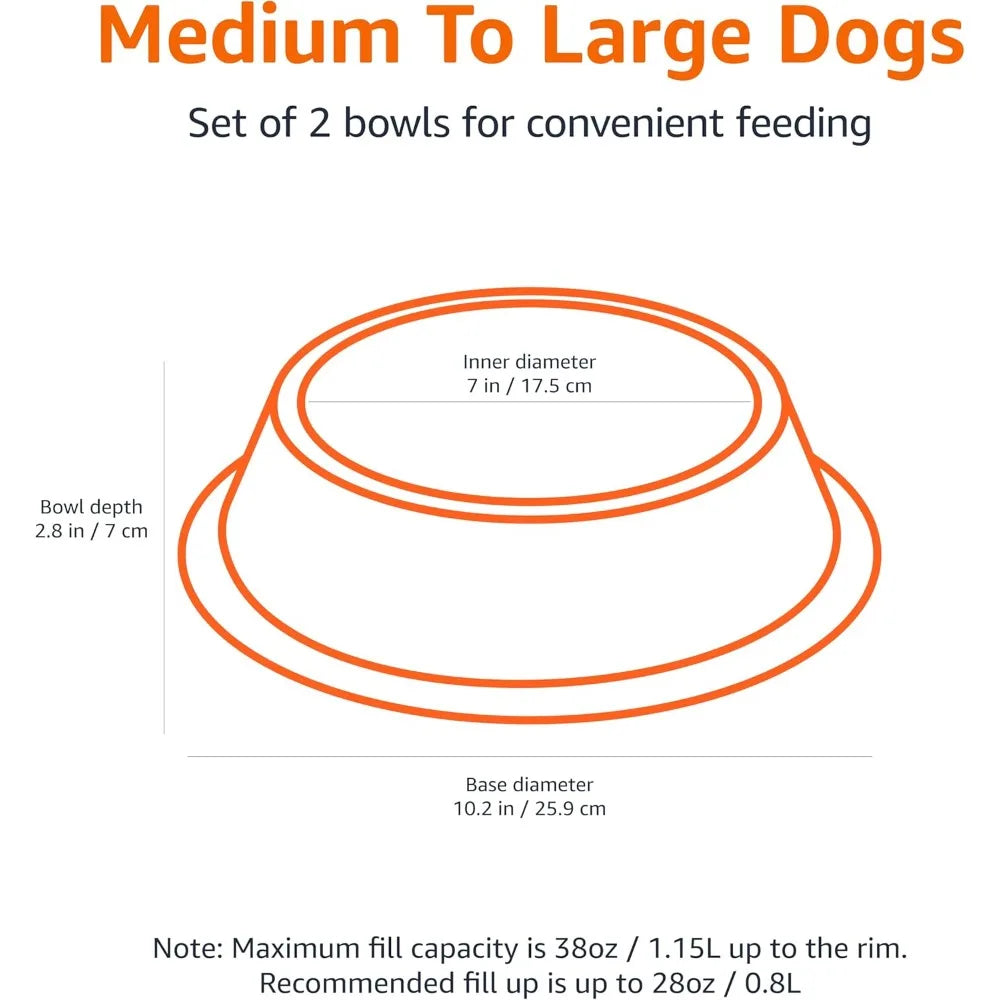 Stainless steel non-slip dog water/food bowls, 2-pack (10 x 2.8 inches), each with a capacity of up to 38 ounces.