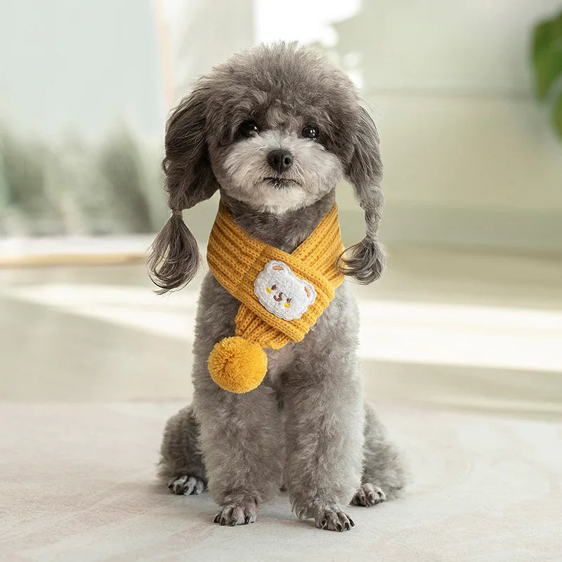 Dog Knitted Scarf Red Knit Scarves with Fuzzy Pompom Neck Warmer Bandana Xmas Holiday Winter Pet Puppy Cat Costume