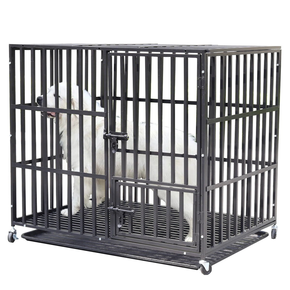 Heavy Duty Dog Cage 37” 42” 46” Metal Pet Dog Crate 3 Doors Locks Design Kennel Playpen with 4 Wheels Removable Tray