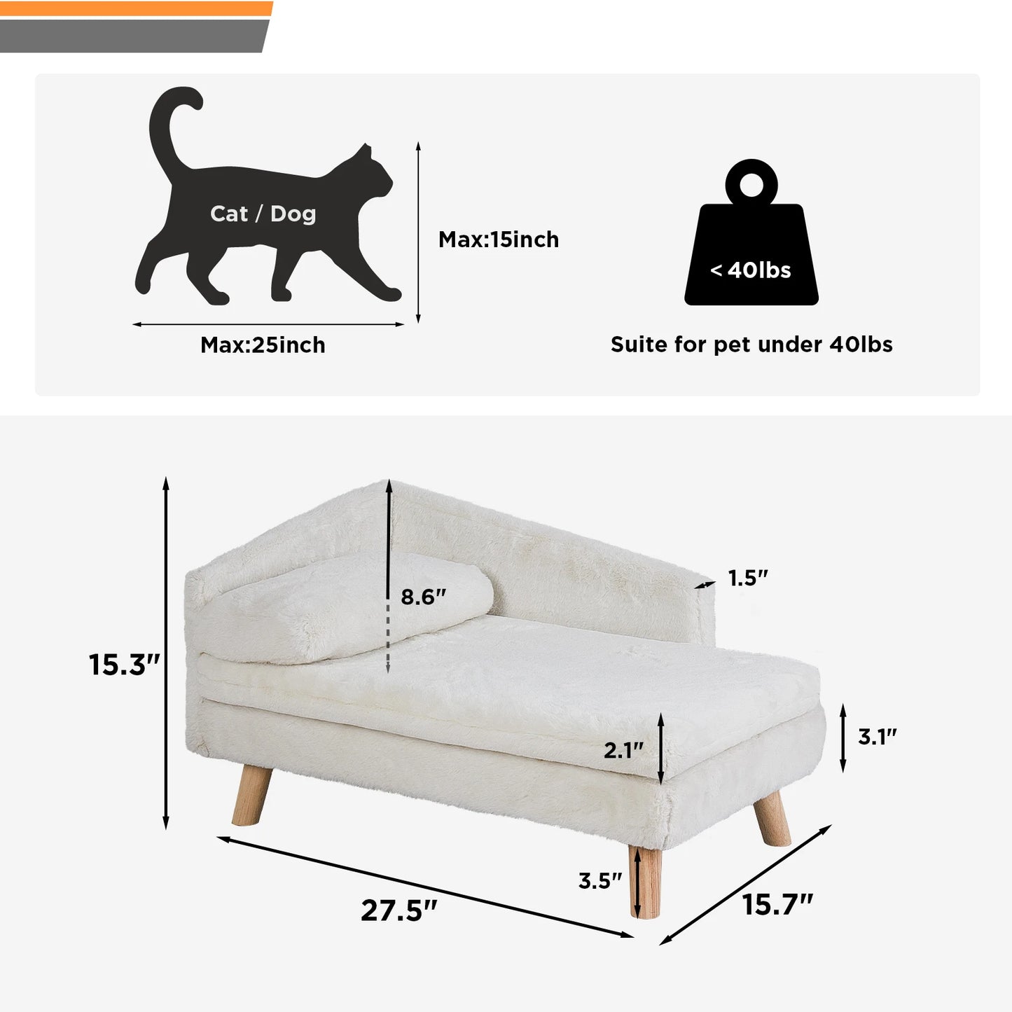 Elevated Bed for Small Dogs, Nordic Pet Bed with Cozy Waterproof Pad, Pet Sofa Bed with Sturdy Wood Legs