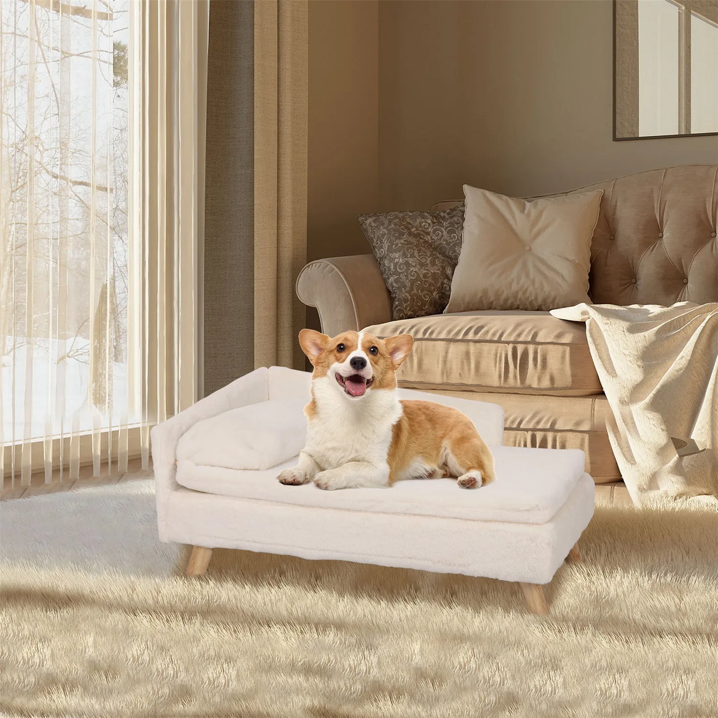 Elevated Bed for Small Dogs, Nordic Pet Bed with Cozy Waterproof Pad, Pet Sofa Bed with Sturdy Wood Legs