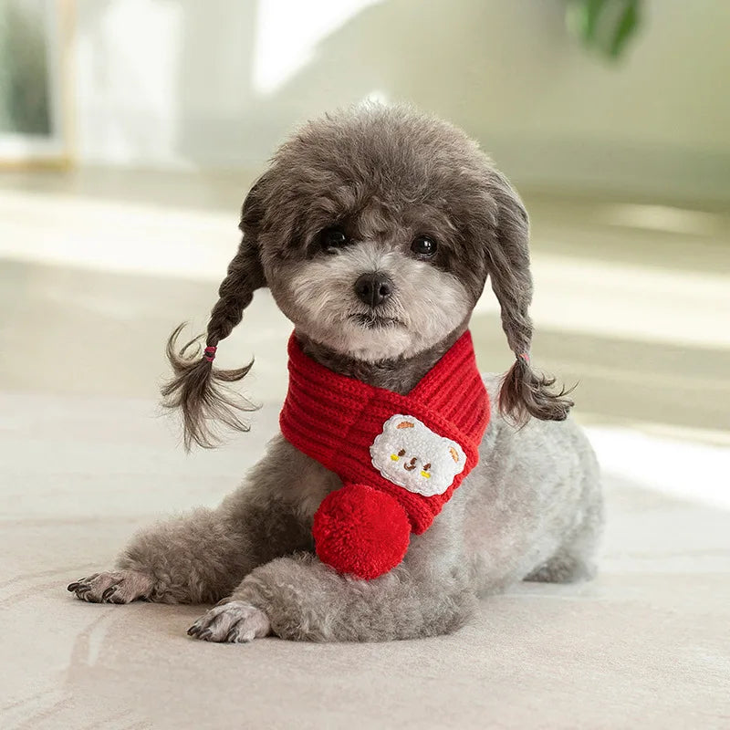 Dog Knitted Scarf Red Knit Scarves with Fuzzy Pompom Neck Warmer Bandana Xmas Holiday Winter Pet Puppy Cat Costume