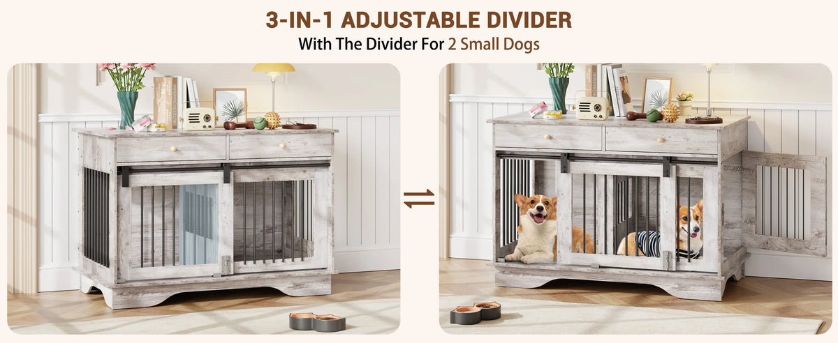 Dog Furniture Crate, 47" Large Dog Crate Furniture w/ 2 Storage Draws & Removable Divider for Large/Medium/Small Dogs (Grey, One Cage)
