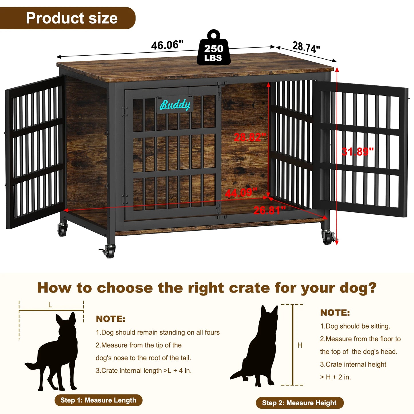 Dog Crate Furniture with Casters, Heavy Duty Dog Kennel Indoor for Small to Large Dogs, Decorate House as TV Stand, Bedside Table