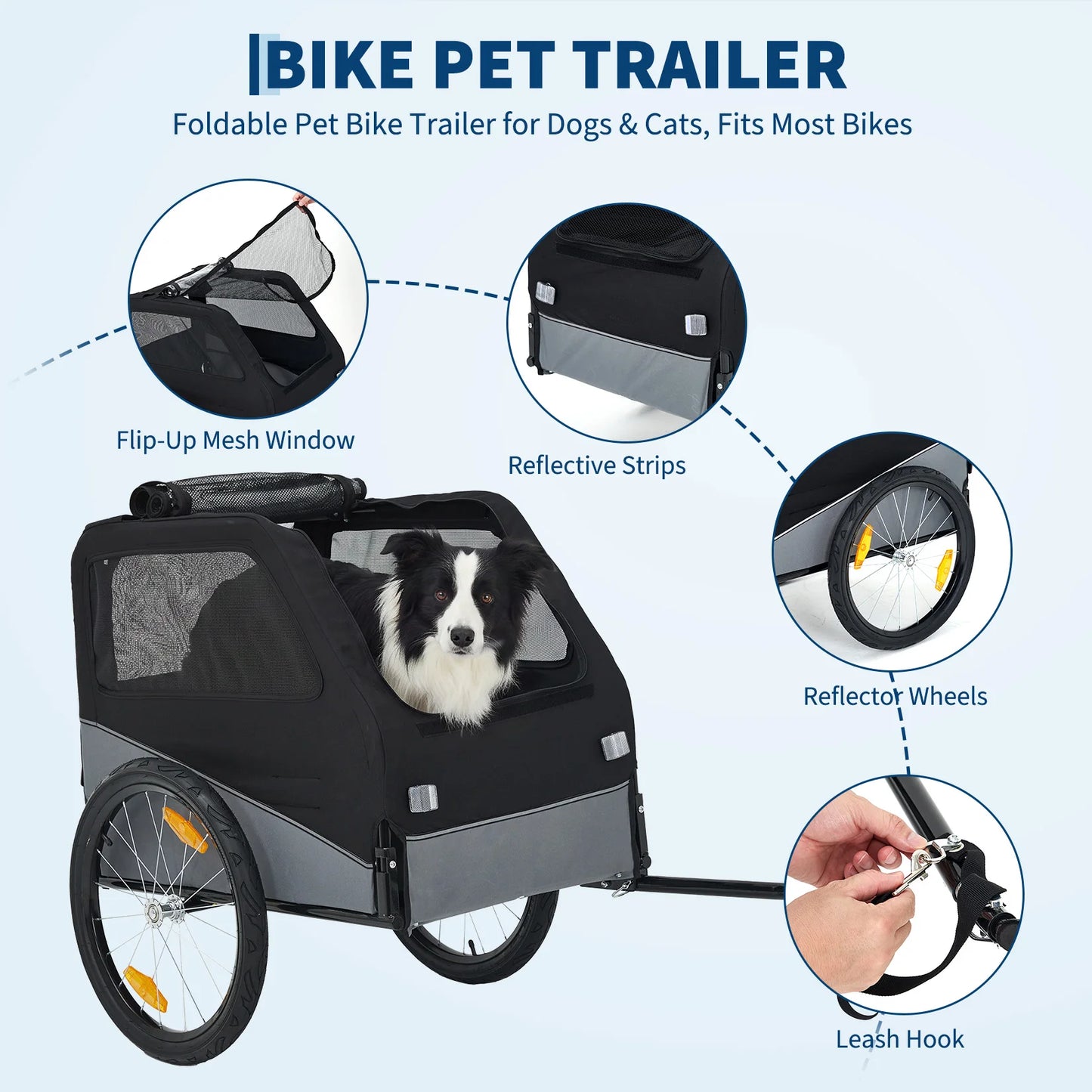 Foldable Dog Bike Trailer, Heavy Duty Steel Frame Pet Bike Carrier, 100 LBS Capacity Oxford Fabric Dog Carrier Bicycle Trailer with Mesh Window Reflectors for Small, Medium, and Large Dogs, Black