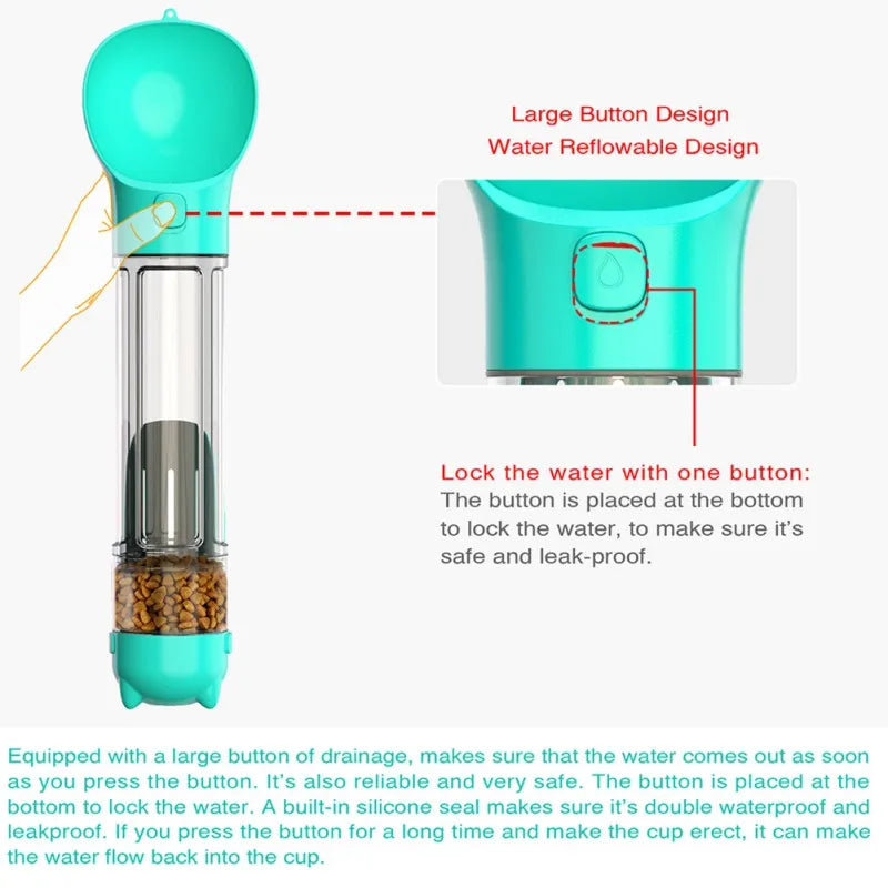 300ml Dog Water Bottle 4 in 1 Portable Pet Water Bowl Dispenser with Dog Whistle, Pet Travel Water Cup with Food Container