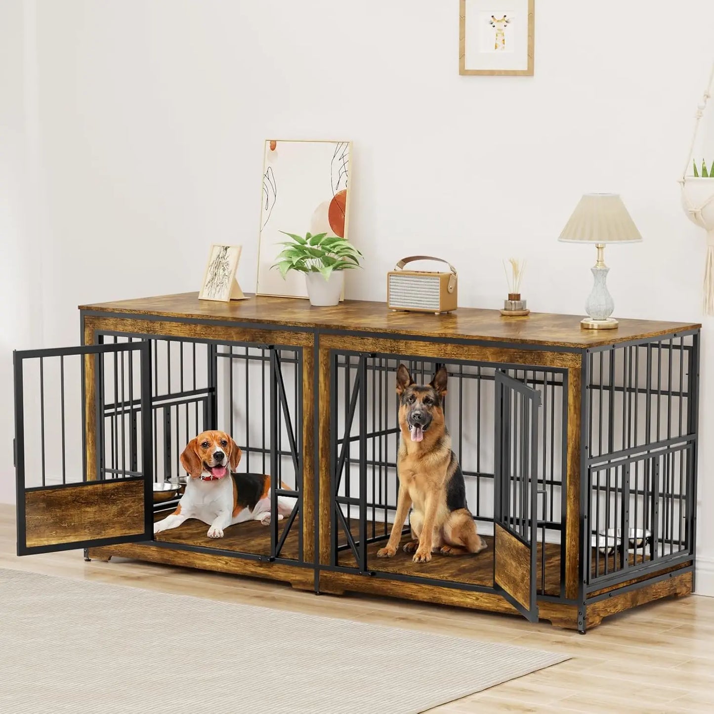 61'' Double Dog Cage Furniture for 2 Dogs, TV Stand Dog Kennel with Adjustable Divider, Heavy Duty Double Dog Crate
