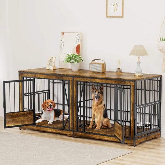 61'' Double Dog Cage Furniture for 2 Dogs, TV Stand Dog Kennel with Adjustable Divider, Heavy Duty Double Dog Crate